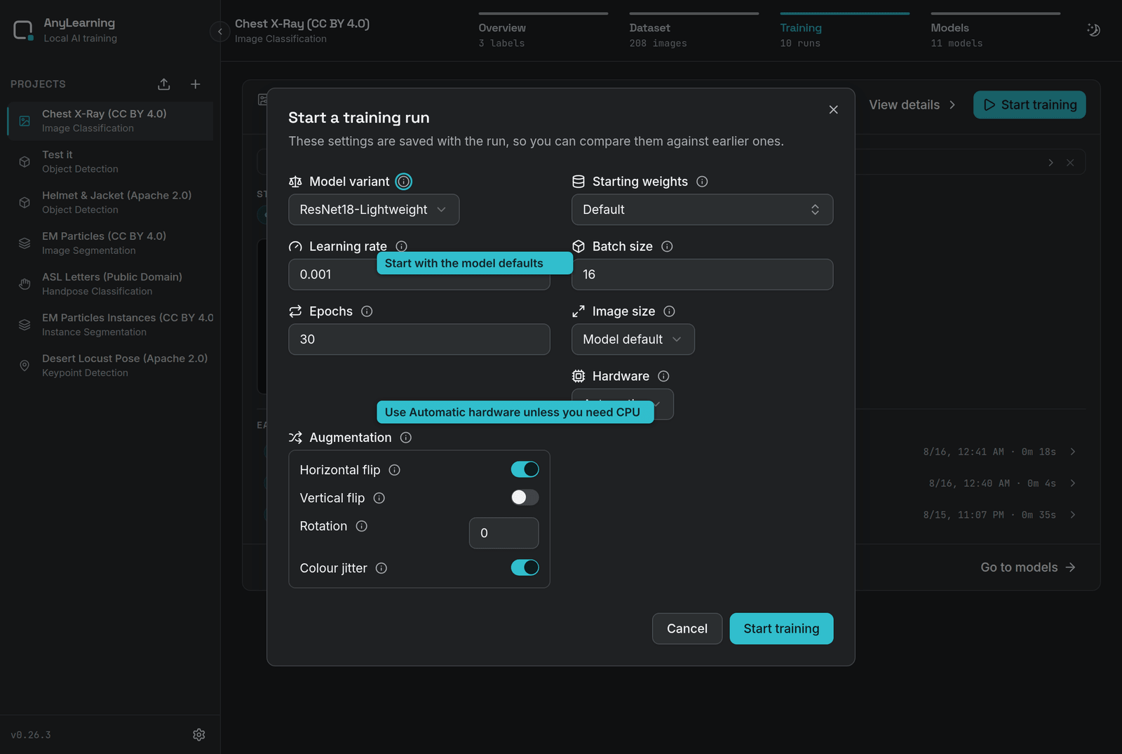 Configuring a ResNet image-classification run