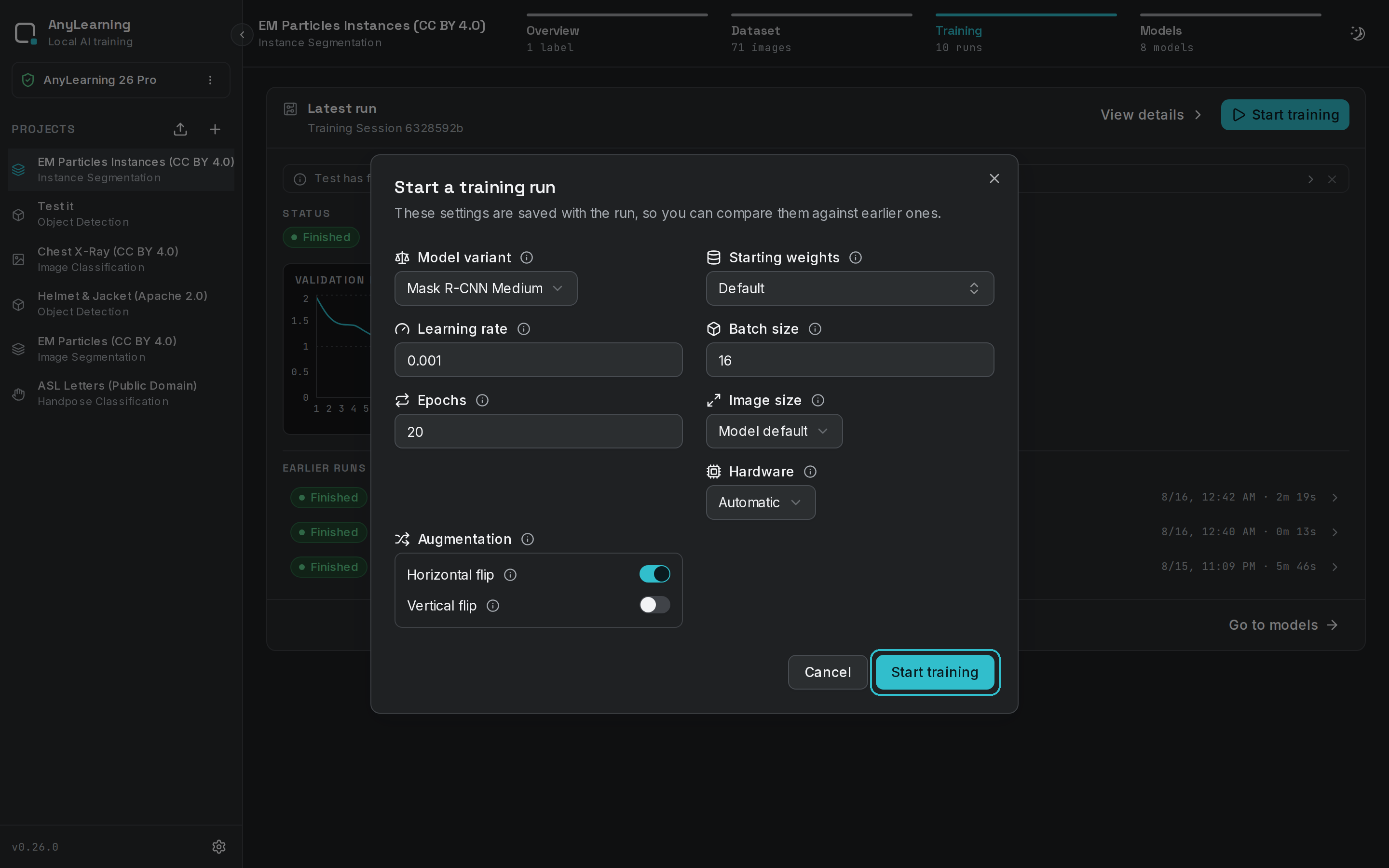 Configure a training run