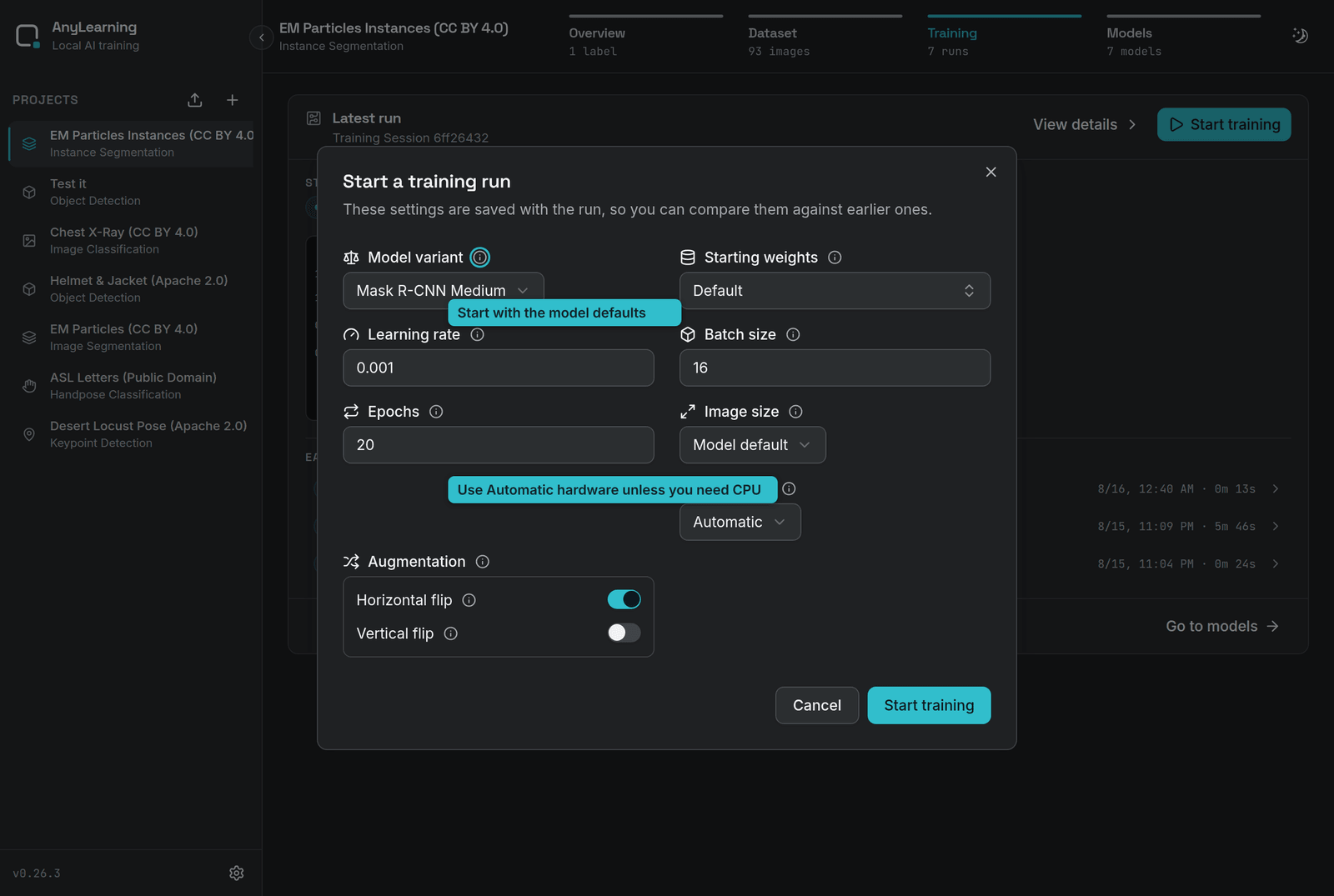 Configure a training run