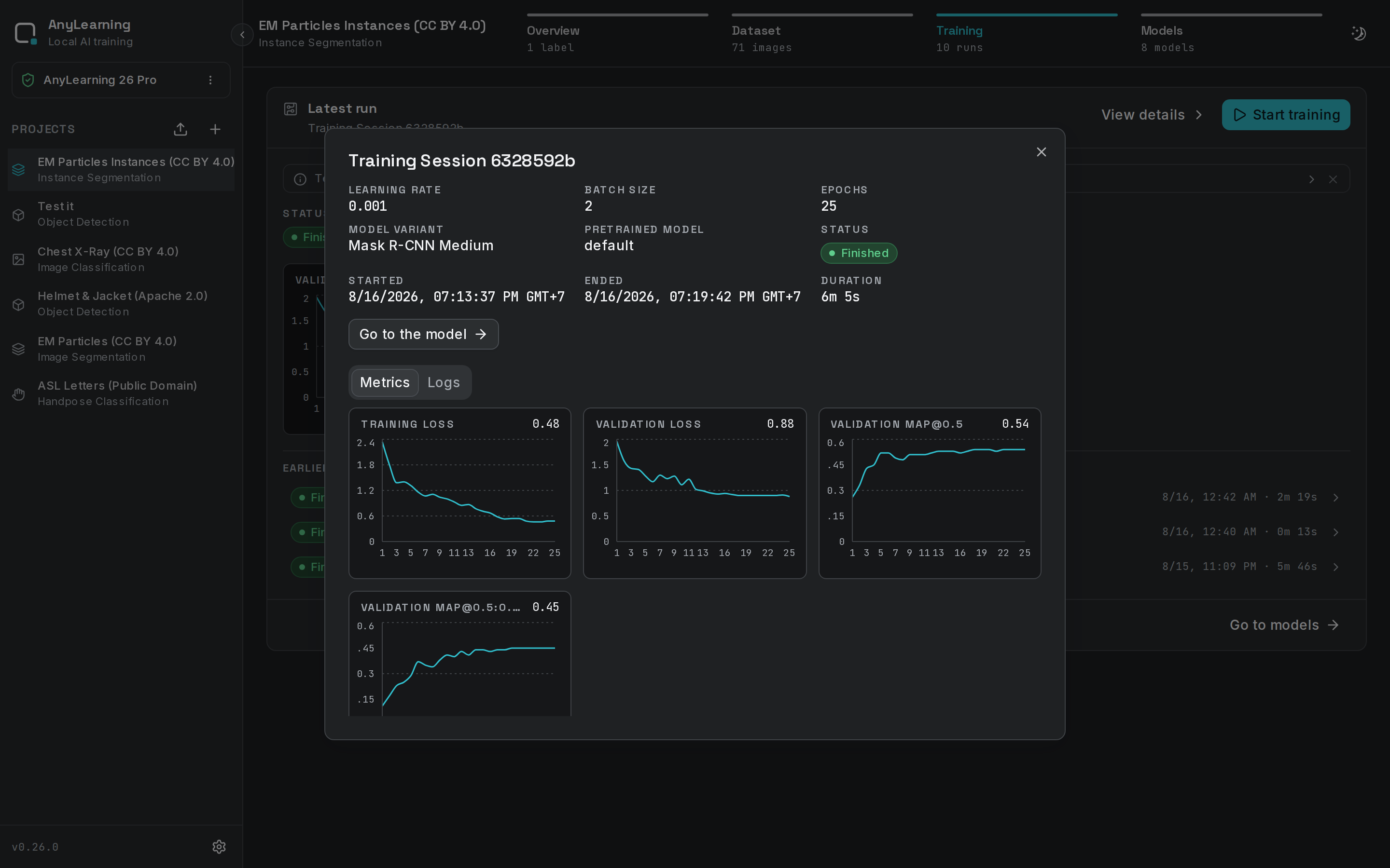Metrics and logs for one run