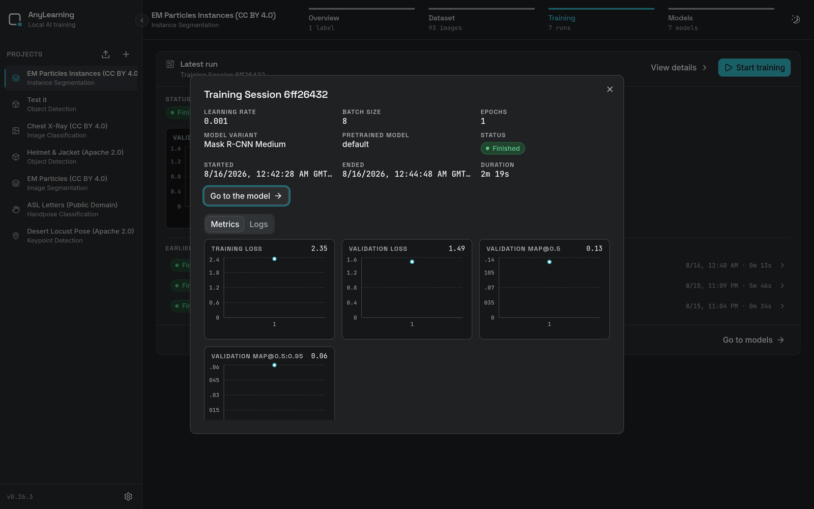 Metrics and logs for one run
