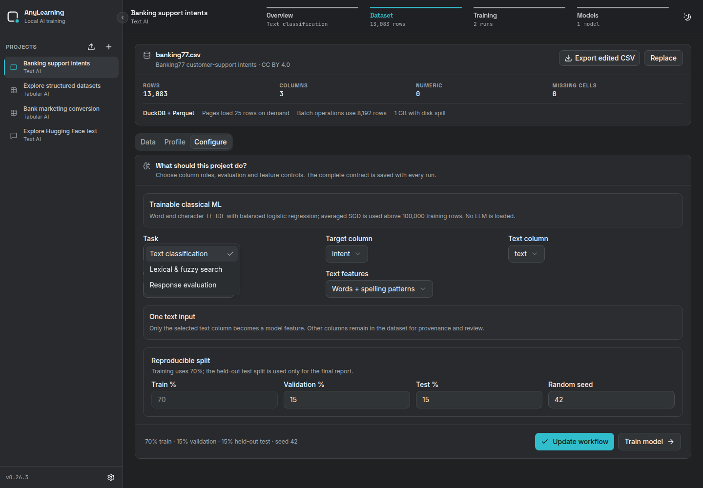 Choosing a text workflow with its local engine explained