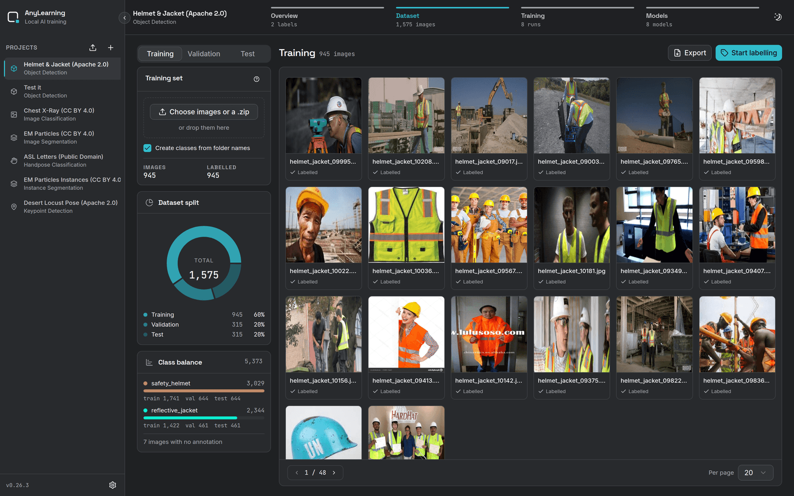 AnyLearning dataset browser showing annotated construction images