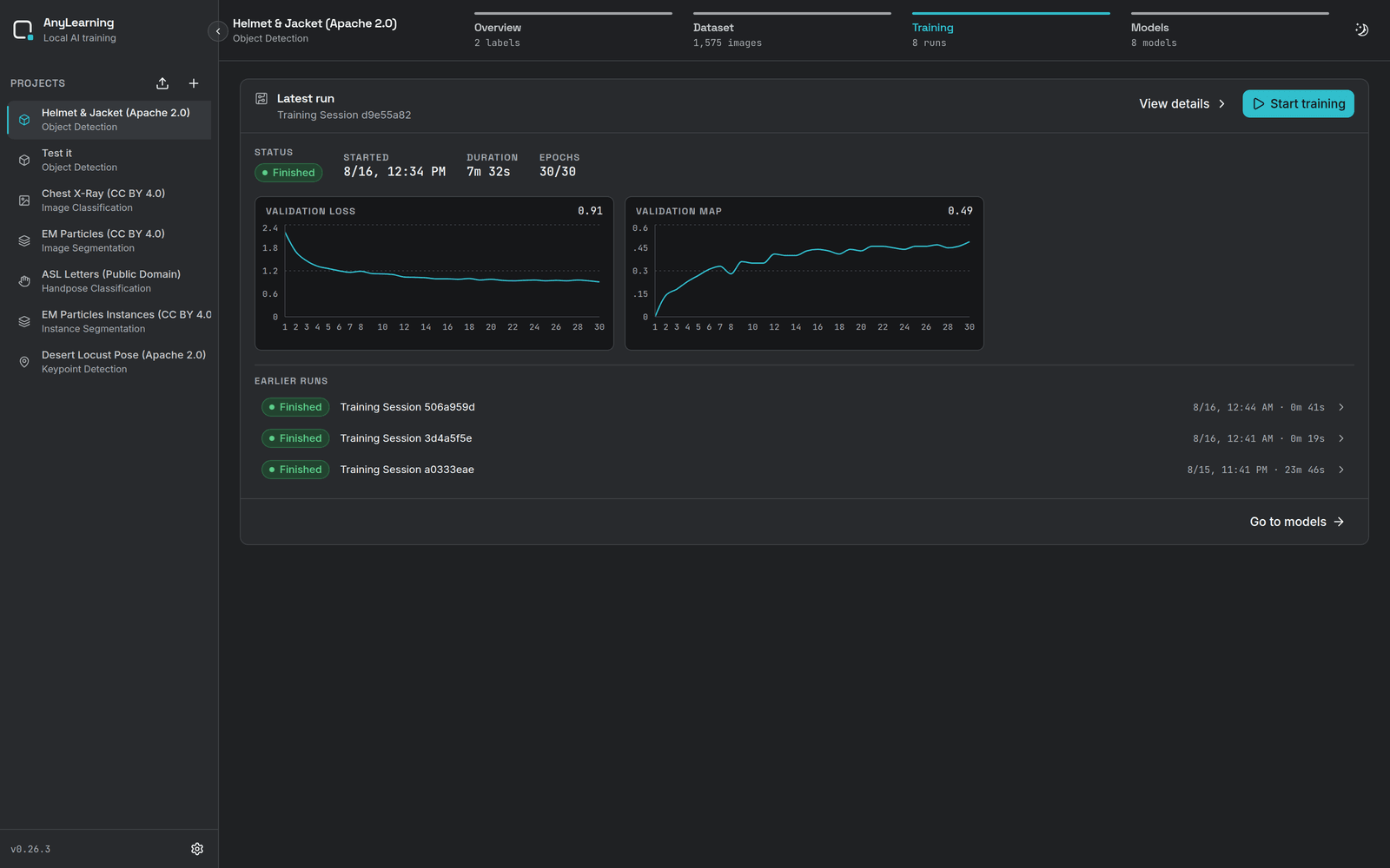 AnyLearning training dashboard with loss and validation accuracy charts